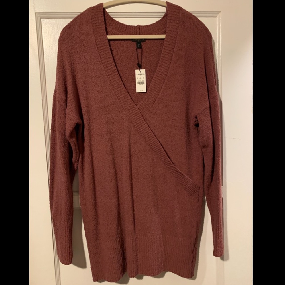 V neck faux wrap tunic knit textured sweater